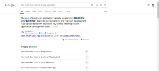 Featured Snippet for the keyword How much does it cost to develop an application