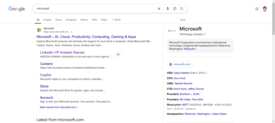 Knowledge Panel for the keyword Microsoft