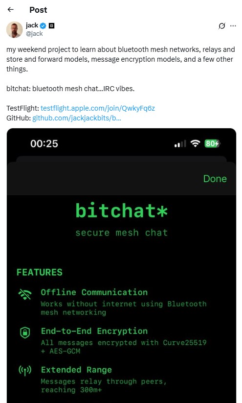 Ex-Twitter CEO Jack Dorsey Introduces Bitchat Messaging App