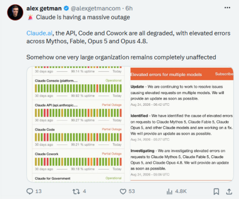 Claude outage - X post